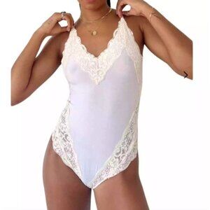 Free People White Lace Trim Bodysuit Teddy
